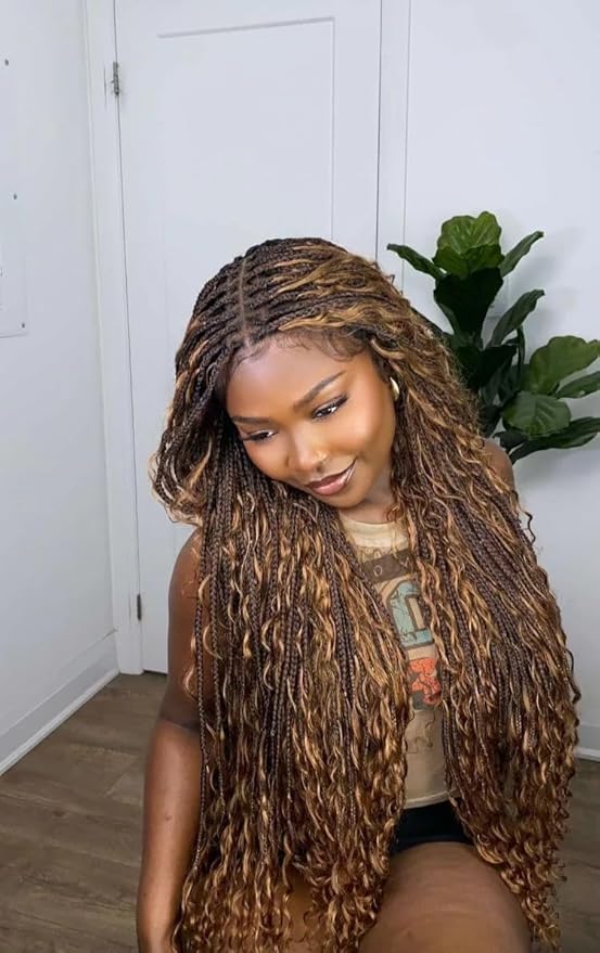 Human Hair Boho Curls Hand-Tied HD Full Lace Wig - 36" Salon-Level Small Box Synthetic Braids (121 Braids, High Density) Pre-Cut Swiss HD Lace, Pre-Plucked, Knotless - 1B/30 Ombre Brown