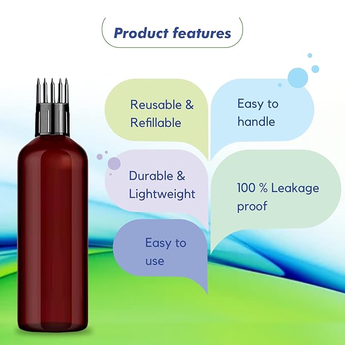 Empty Amber Color Hair Root Comb Applicator Bottle with Comb Cap for applying Hair Oil, Shampoo & Hair Dye, Refillable, Leak Proof, Reusable Multipurpose Use - 100 ml Pack of 4