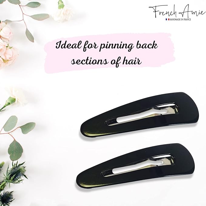 French Amie Clic Clac Pair of Large Black Handmade Cellulose Snap Hair Pin Clip