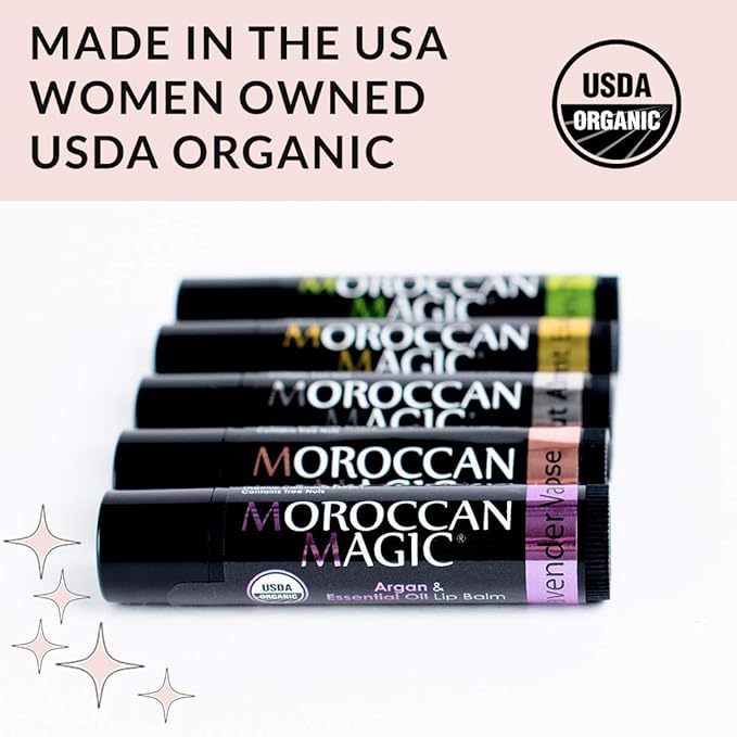 Moroccan Magic Organic Unscented Lip Balm 3 Pack | Ultra-Hydrating Argan Oil Lip Moisturizer + Vitamin E | Natural Chapstick for Dry Lips | Smooth, Non-Toxic | Organic Lip Balm