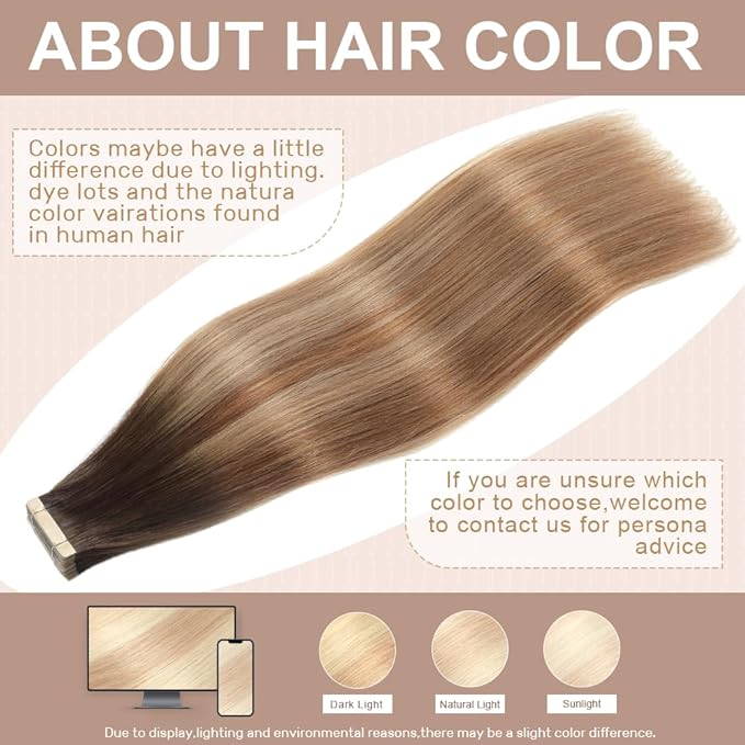 Tape in Hair Extensions Human Hair 16 Inch 20pcs Invisible Tape ins Real Human Hair Chestnut Brown to Mixed Dirty Blonde Remy Seamless Injected Tape Extensions