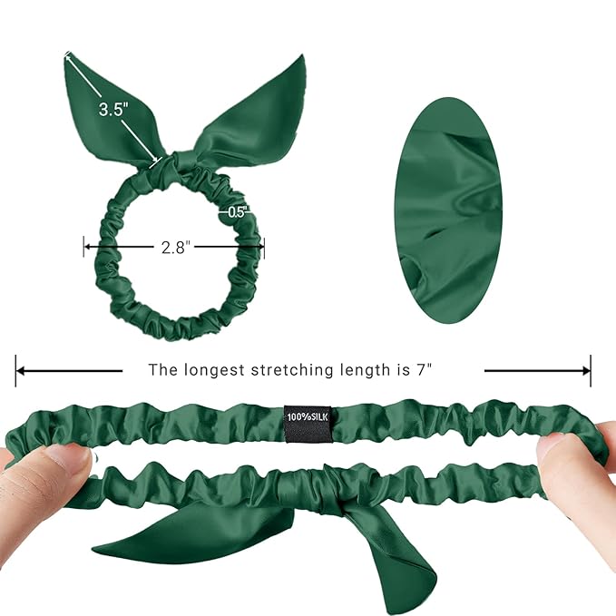THXSILK Hair Silk Scrunchies with Bow for Women Pure Mulberry Silk Hair Cute Ring Ties Scrunchies for Girls Women's Thick Hair, Emerald Green, 2.8"