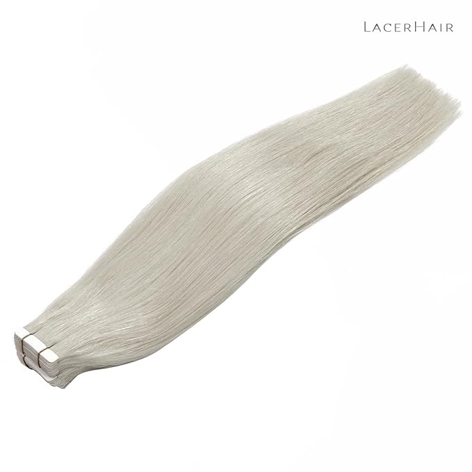 Lacer Hair Extensions Tape in Human Hair Real Hair Silver Seamless Skin Wefts Tape-on Remy Hair Extensions Light Grey Tape in Hair Extensions Invisible Double Sided Tape Ins 16 Inch 20Pcs