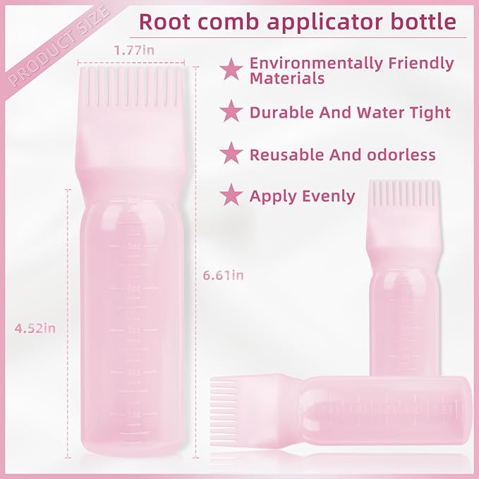 BLAAROOM Root Comb Applicator Bottle 6 Ounce, 4 Pack Hair Oil Applicator with Root Comb Brush for Scalp Hair Oiling - Pink