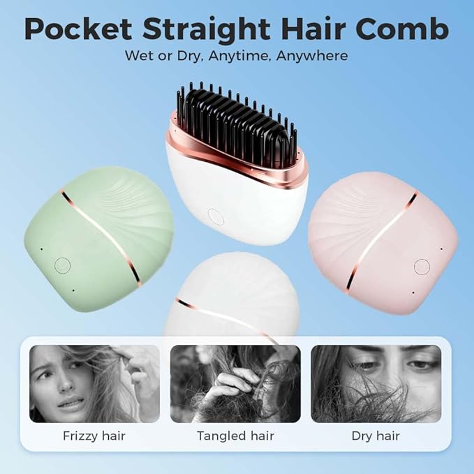 Mini Straightener,Portable Fast Heating Hair Straightener Comb with Mirror,Wireless 2-in-1 Hairs Dressing Combs for Home Travel Gift,Straight Hair Comb with 3 Adjustable Temperatures (White)