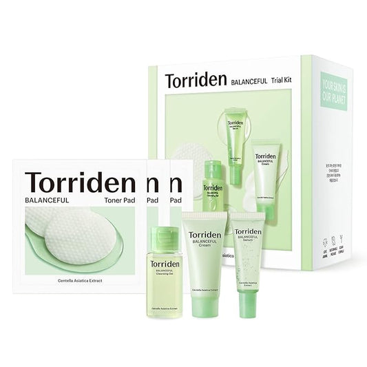 Torriden BALANCEFUL Cica Trial Kit, Gotu Kola Infused Daily Skincare Kit - 4 Step Regimen with Cleansing Gel, Toner Pad, Serum, and Cream | Vegan, Hypoallergenic Korean Skin Care