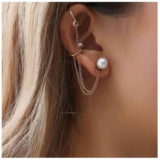 Vintage Pearl Cuff Chain Earrings Gold Chain Ear Cuffs Dangle Chain Cartilage Earrings Pearl Studs Earrings Cartilage Helix Earrings Helix to Lobe chain earrings Jewelry for Women and Girls (Gold A)