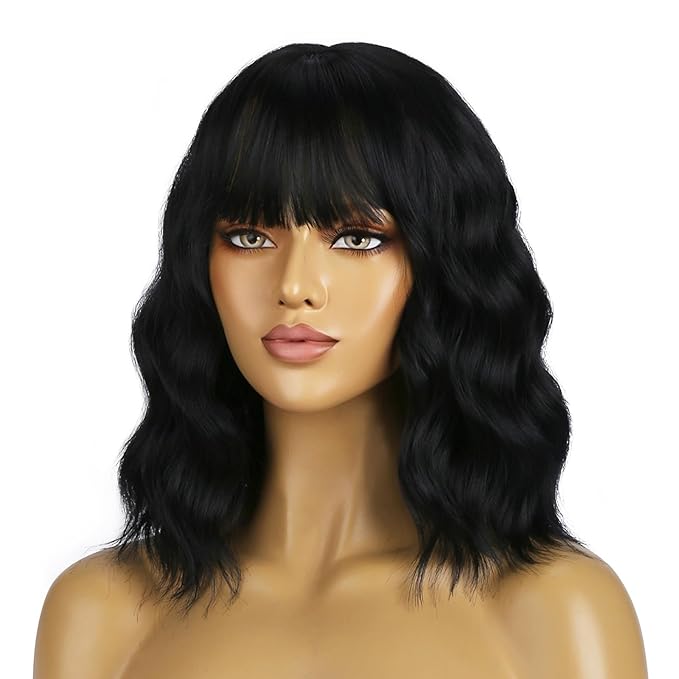 BERON 14 Inches Black Wigs with Bangs for Women Short Curly Wig Black Bob Wig for Girl Natural Looking Wavy Wigs