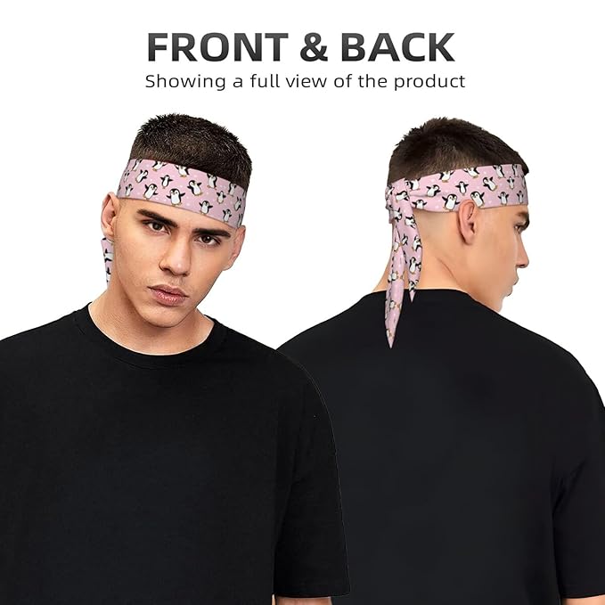 Men's Women Novelty Sports Sweat Bands Hair Decor for Sports Workout Spa, Long Boho Style Cute Cartoon Penguin And Heart Pink Head Band Headdress