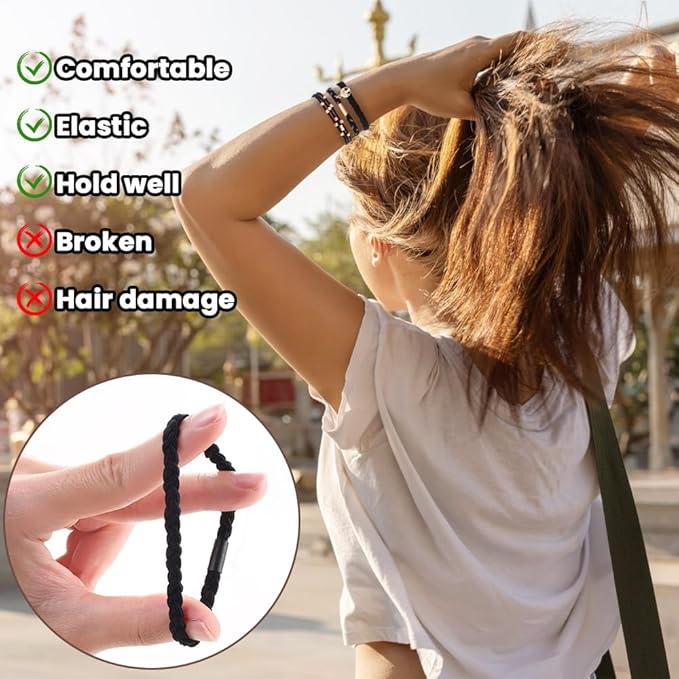 DIYDEC 10PCS Hair Ties Bracelet for Women 5 Styles Soft Braided Boho Hair Bands Elastic No Damage Hair Ties for Girls thick Thin Long Curly Hair Accessories(Black and Grey)