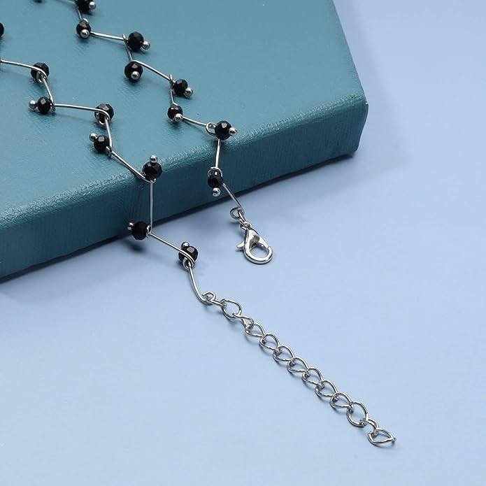 Black Crystal Choker Necklace Short Black Beaded Choker Necklace Silver Chain Necklace Minimalist Necklace Jewelry for Women and Girls