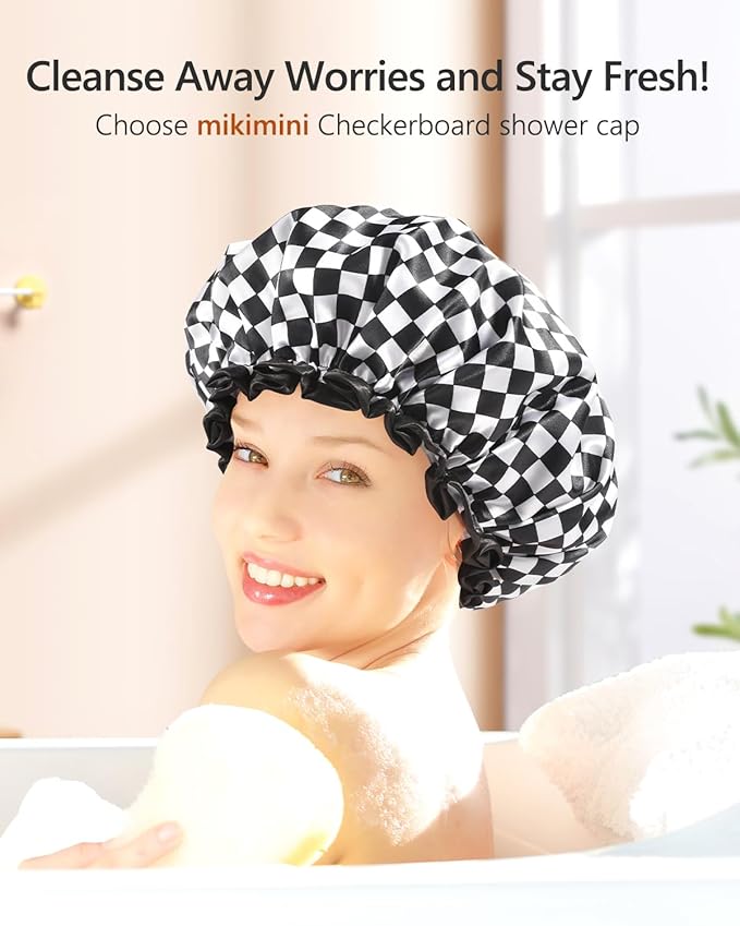 mikimini Large Shower Cap for Women Long Hair, 2 Pack,Elegant Chessboard Design,Double-layer Waterproof, Reusable, Washable, No Odor, X-Large