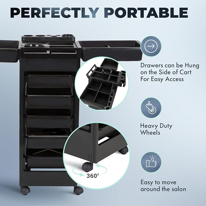 Buy-Rite Professional Salon Trolley Cart – MEI-3010 Rolling Utility Cart with 5 Removable Storage Drawers, Color Mixing Bowl & Tool Holster, Black, 33.5” Tall