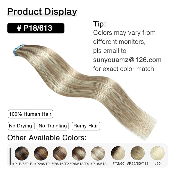 SUYYA Tape in Hair Extensions Human Hair Ash Blonde Highlighted Bleach Blonde 14 Inch 40g/pack 20pcs Straight Seamless Skin Weft Tape in Real Human Hair Extensions(14inch #P18/613)