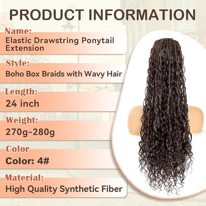 Drawstring Ponytail for Women 24 inch Boho Box Braids with Long Wavy Hair Clip in Ponytail Extension Synthetic Hair Extensions Ponytail for Daily Use (4#, 24 Inch)