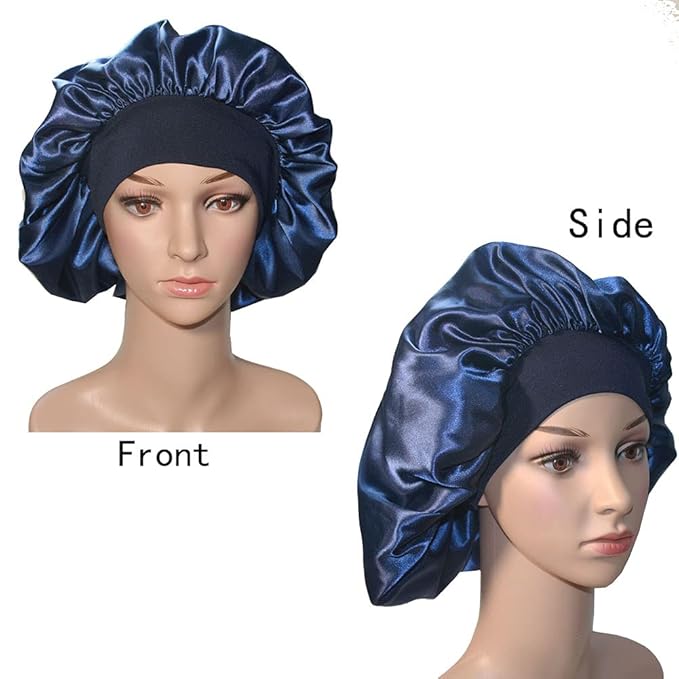VEYRNEIC Hair Satin Bonnet for Sleeping Shower Caps Silk Chemo Caps with Wide Elastic Band Night Sleep Cap Bonnets for Black Women Braids with Satin Storage Bag(Navy Blue)