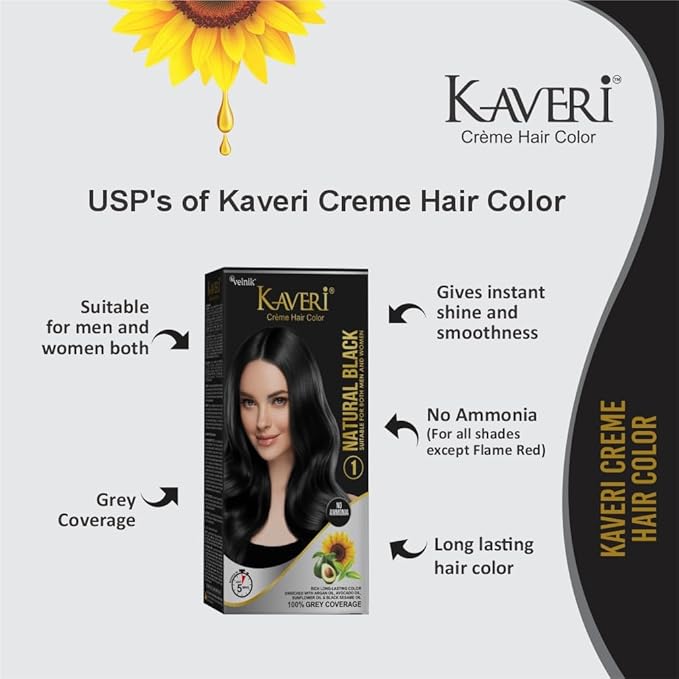 Kaveri Creme Hair Color Permanent Hair Dye Color - With Improved Creme Formula for Gray Coverage Ammonia Free Hair Color Dye for Rich Bright Long lasting (Black, 3.04 Fl Oz) - Pack Of 3