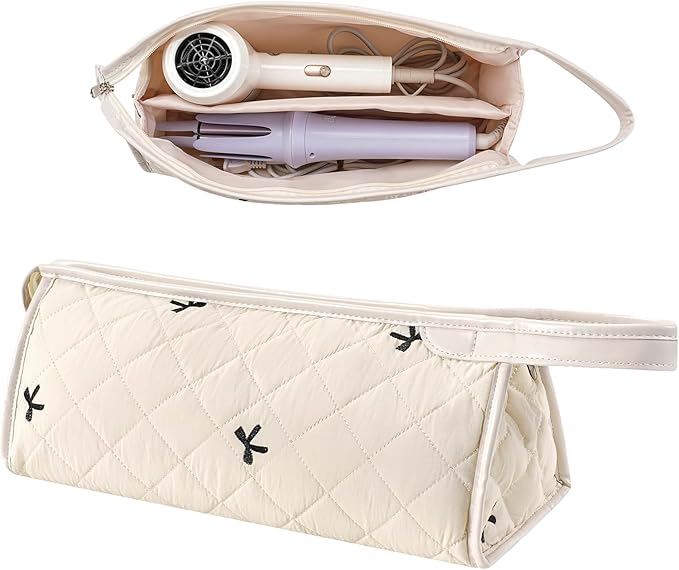 Large Quilted Hair Tools Travel Bag,Aesthetic Waterproof Hair Styling Accessories Storage Case for Flat Irons,Straightener,Curling Iron,Hair Dryer,Dyson Airwrap Travle Bag（05White Bow）