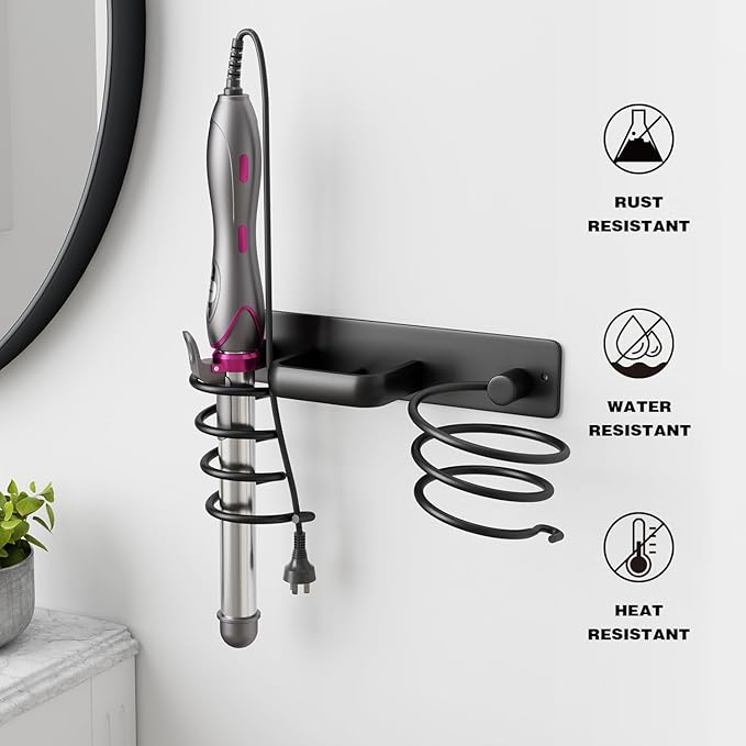 hicorfe Hair Dryer Holder 3 in 1 Hair Tool Organizer,Blow Dryer Holder Wall Mounted,Bathroom Bedroom Hair Care Styling for Flat Iron,Curling Iron,Hair Straightener （Black）