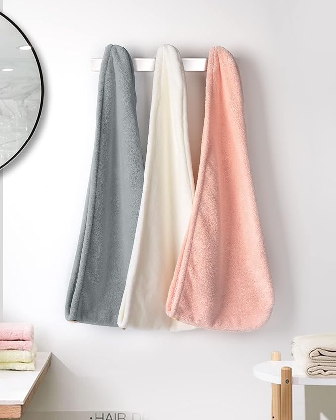 YFONG 3 Pack Microfiber Hair Towel Wrap for Women Girls, Super Absorbent Turban Towels for Drying Wet Hair, Anti Frizz Head Towels for Curly All Hair Style, Turbie Twist (Pink,White, Gray)