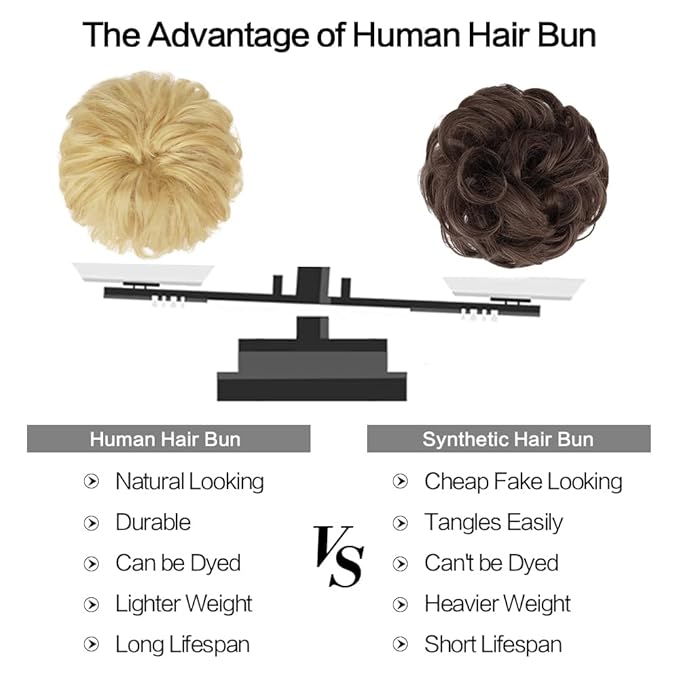 FESHFEN Human Messy Buns - 100% Human Hair Bun Real Scrunchies Hair Pieces Ponytail Extensions Wavy Tousled Updo Chignon Hairpieces for Women, Light Blonde