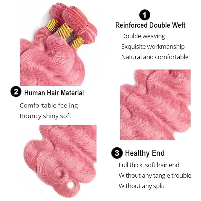 Pink Body Wave Bundles Pure Pink Human Hair Bundles Grade 8A Brazilian Virgin Remy Hair Extensions 20 22 24 Inch Double Weft Hair Weave 300g