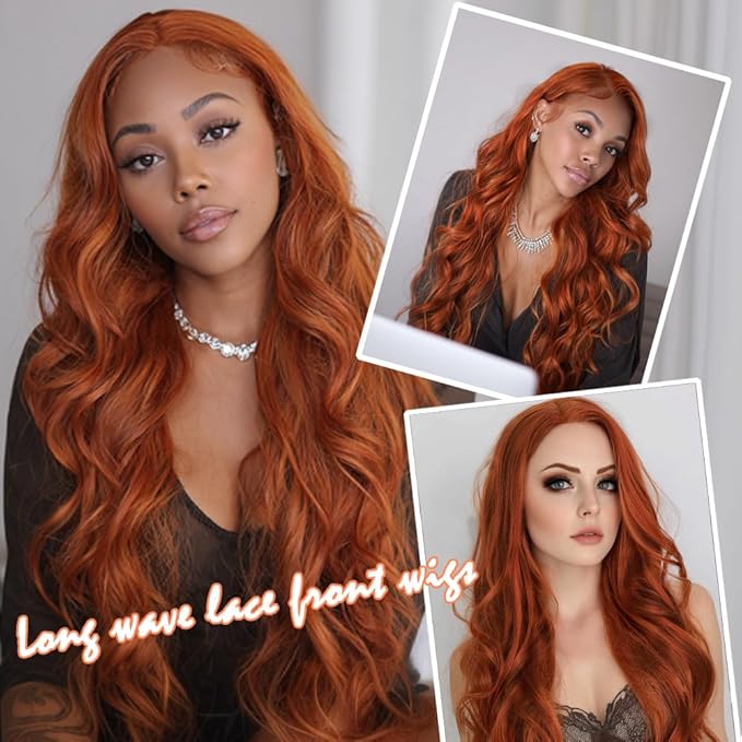 Long Copper Red Synthetic Lace Front Wig Heat Resistant Body Wave Lace Front Wavy Wigs Free Part Natural Hair Wig for Women 24 Inch Fashion Glueless (24 Inch, Copper Red)