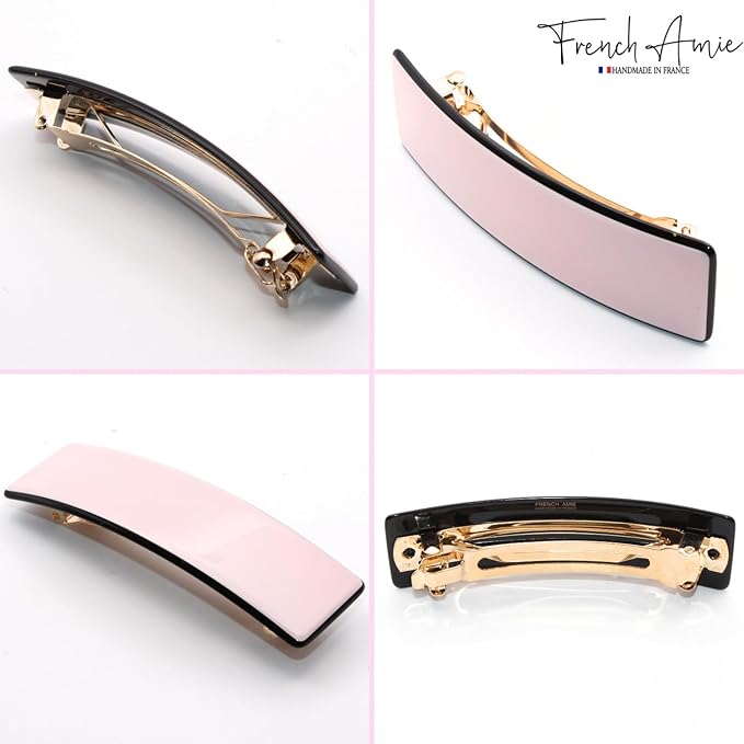 French Amie Fine 1" Wide Rectangular Celluloid Handmade Blush Pink with Black Edges Automatic Hair Barrettes for Women French Hair Clips