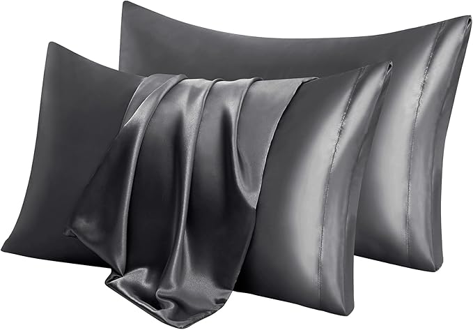 Aormenzy Dark Grey Satin Pillowcase for Hair and Skin, Satin Pillow Cases for Women Standard Size Set of 2 with Envelope Closure Silky Pillow Covers Wrinkle, Fade Resistant (20x26 Inches)