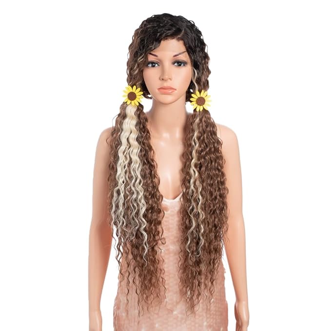 Style Icon 36”Super Long Curly Wig C-Shaped Side Part Lace Wig Afro Baby Hair Synthetic Highlight Blonde Wigs