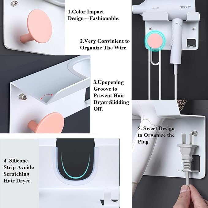 Hair Dryer Stand Holder Wall Mounted, New Upgrade Punching or Nails Free Glue Two Ways to Use,Blow Dryer Holder Rack Organizer for Dyson Supersonic Hair Dryer(White+Pink)