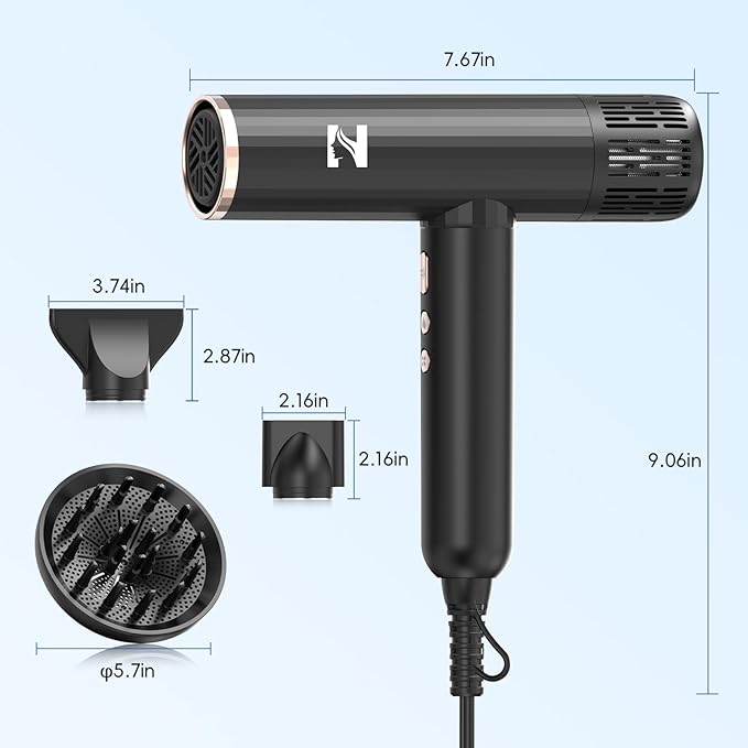 Nicebay Ionic Hair Dryer with diffuser for Curly Hair,1600W &110000RPM High-Speed Brushless Motor for Fast Drying,Professiona Blow Dryer for Women,Low Noise,Lightweight,Lock Function,Travel Home Salon