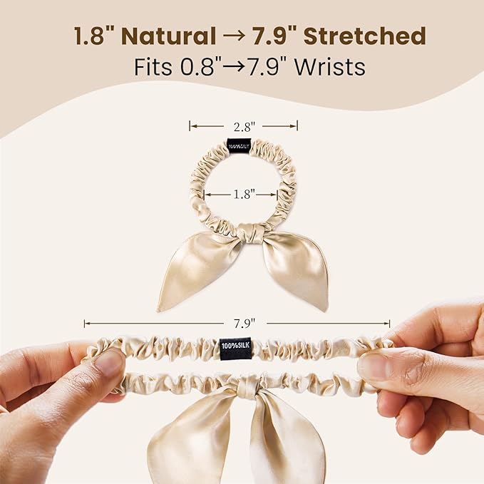 THXSILK 100% Mulberry Silk Bow Scrunchies 3-Pack, 22 Momme Mulberry Silk Hair Ties for Women, Cute Bunny Ear No Damage Ponytail Holders, Fashion Hair Accessories for Girls(S, Beige)