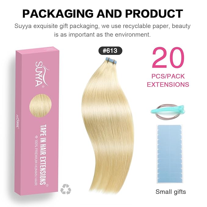 SUYYA Tape in Hair Extensions Human Hair Bleach Blonde 28 Inch 60g/pack 20pcs Straight Seamless Skin Weft Tape in Real Human Hair Extensions(28inch #613 Bleach Blonde)