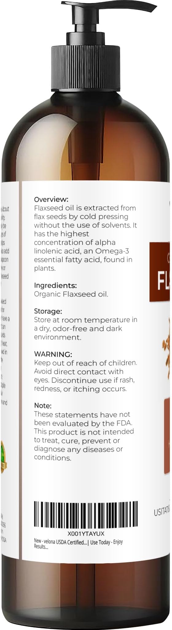 velona USDA Certified Organic Flaxseed Oil - 8 Fl Oz | 100% Pure and Natural Carrier Oil | Unrefined, Cold Pressed |Body, Face & Skin Care | Use Today - Enjoy Results…
