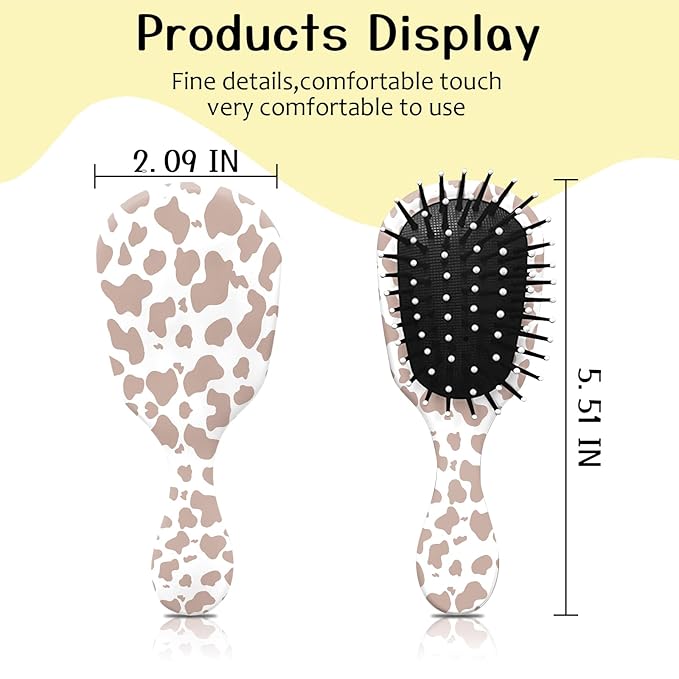 Mini Hair Brush,Cute Detangling Travel Hair Brush,Soft Bristles for Effortless Tangle Removal,Detangler Hairbrush for Women Men Boys Girls Kids Wet Dry All Hair Types (Brown Cow, Mini)