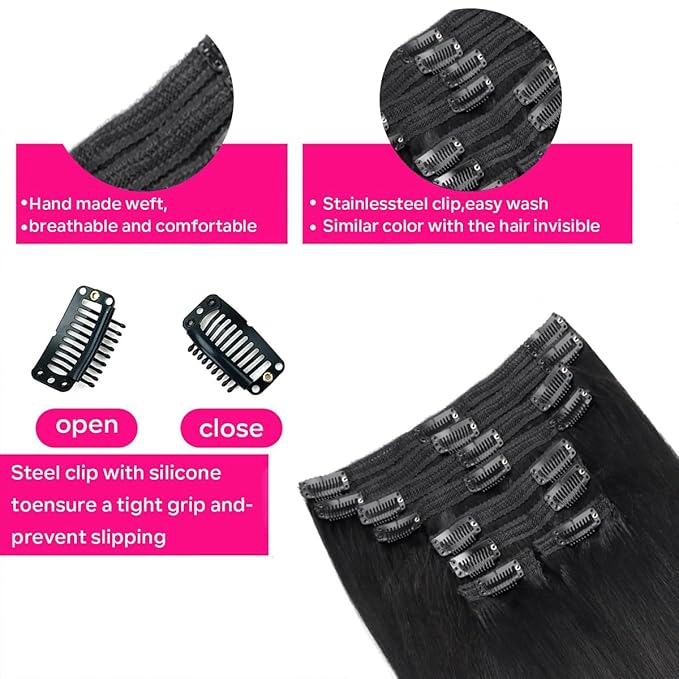 Yaki Straight Clip in Hair Extensions Real Human Hair 8Pcs Brazilian Human hair Clip ins for Black Women, Natural Soft Human Hair 120g 12inch #1B Natural Black