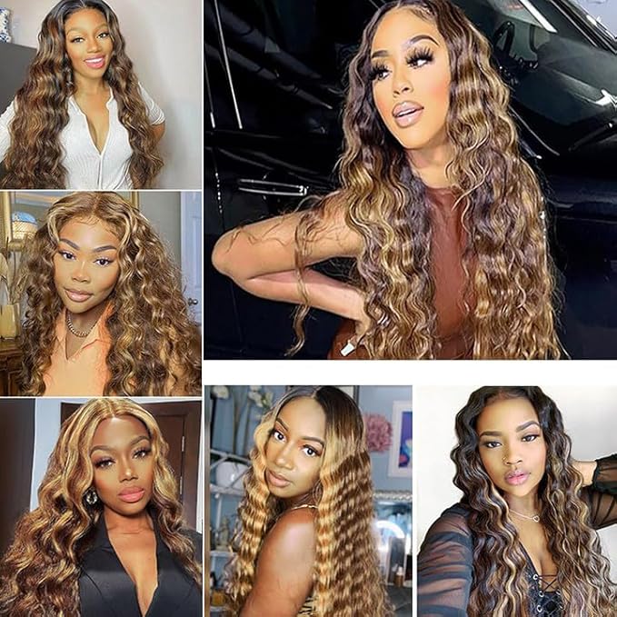 24 26 28 Inch Highlight Bundles Human Hair Blonde Deep Wave Bundle Brazilian Virgin Remy Hair Extensions Niegmeag 2 Tone Black and Honey Blonde Bundle P1B27 Color