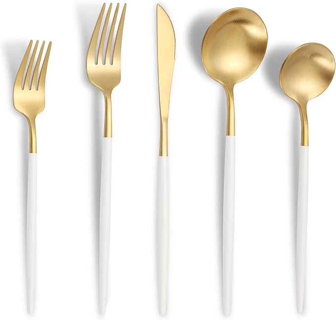 Matte White Gold Silverware Set for 6,Modern Stainless Steel Brushed Cutlery Set,30-Pieces Heavy Duty Flatware Set,Knives Spoons and Forks Set Utensils Set, Satin Finish, Dishwasher Safe