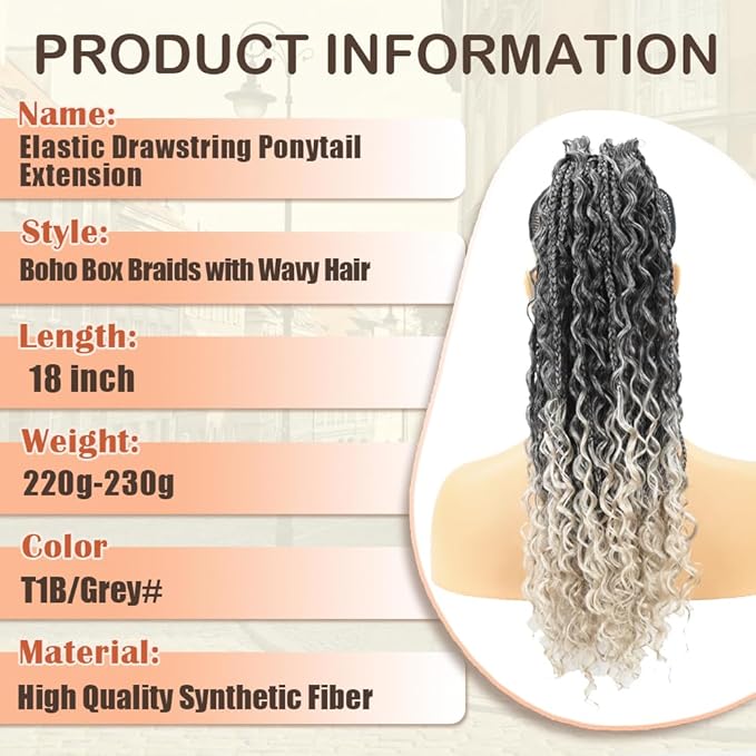 Drawstring Ponytail for Women 18 inch Boho Box Braids with Long Wavy Hair Clip in Ponytail Extension Synthetic Hair Extensions Ponytail for Daily Use (T1B/Grey#, 18 Inch)