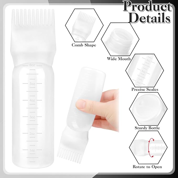 2 Pack Root Comb Applicator Bottle 6 OZ Hair Oil Applicator Bottle for Scalp with Massage Comb for Shampoo Scrubber Applicator,Hair Dye Tools(Black, white)