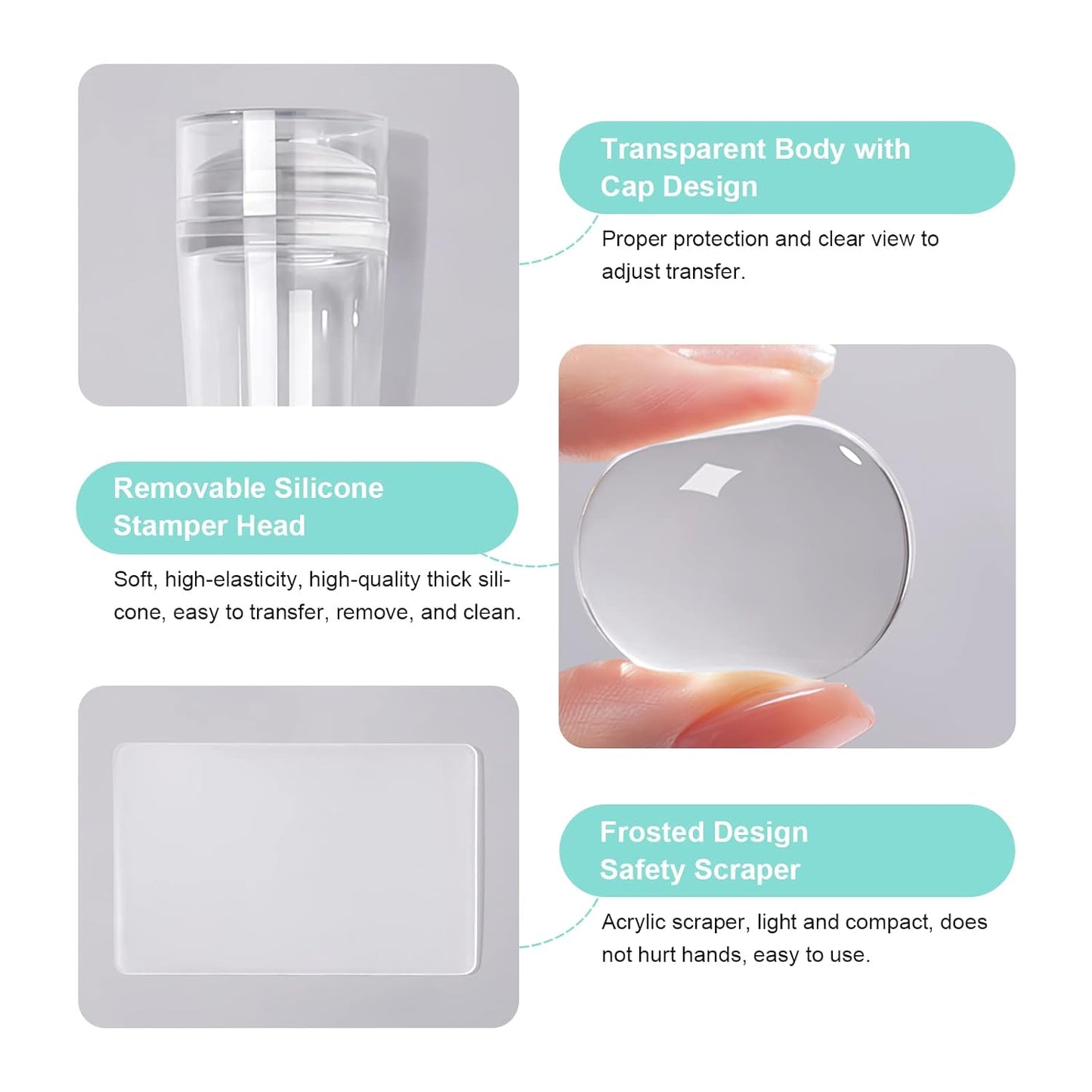 X&D Nail Art Stamper Clear Jelly Nail Art Stamping Transparent Silicone Rubber Nail Polish Stamper with Acrylic Scraper, Spare head Kit for French Tips and Transfer Images