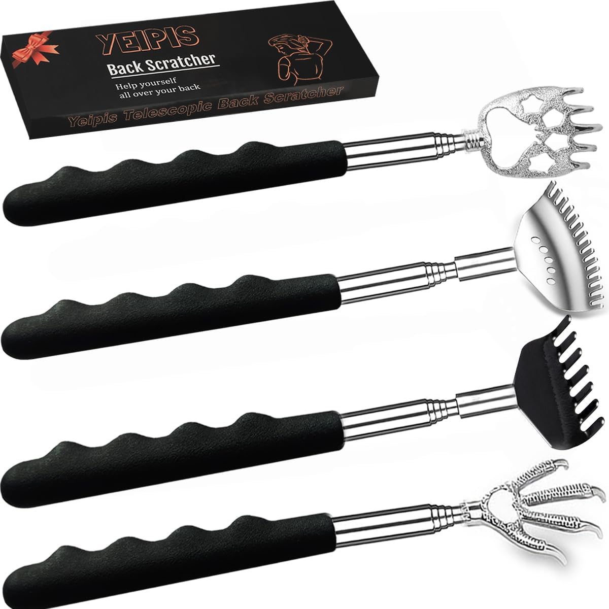 4-Piece Extendable Back Scratcher Set with Rubber Handles