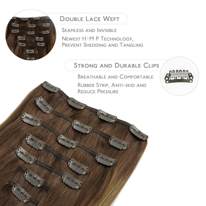WENNALIFE Clip in Hair Extensions Real Human Hair, 24 Inch 120g 7pcs Balayage Chocolate Brown to Caramel Blonde Hair Extensions Clip in Human Hair Remy Clip in Hair Extensions Real Human Hair