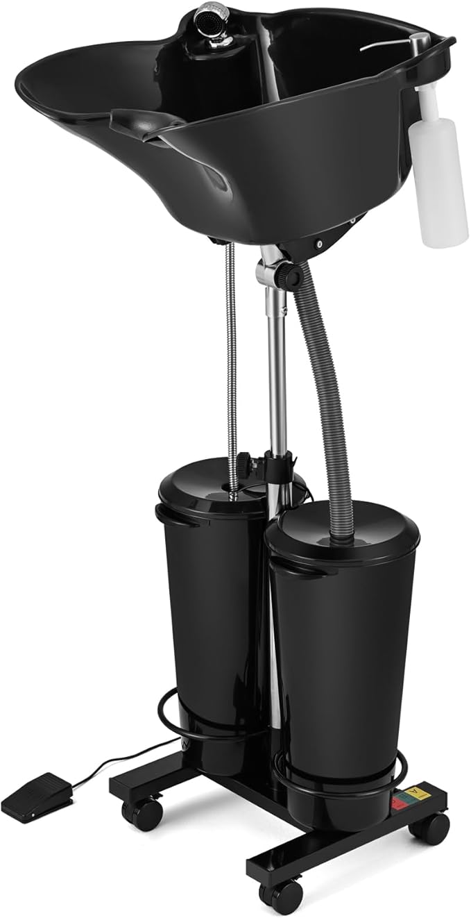 Artist hand Portable Adjustable Shampoo Bowl with Electric Pump, Hair Washing Station,Includes 2 Buckets, Drain Hoses,High-Pressure Sprayer, Foot Pedal Switch,Black