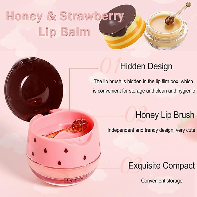 Bee Lip Balm Honey Pot, 2 PCS Strawberry & Honey Lip Masks Hydrating Prevention Dry and Cracked Lip Scrubs Exfoliator,Lip Sleep Mask Reduces Lip Lines,Lip Exfoliating BeeLip Balm Sleeping Lip Mask