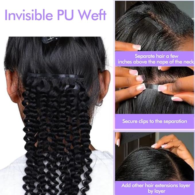 Seamless 3C 4A Kinky Curly Clip In Extension PU Weft Curly Clip in Extension Human Hair Clip Ins Full Head for Black Women Brazilian Remy Human Hair Natural Color 8Pcs with18clips 120g/Set (18 inch)