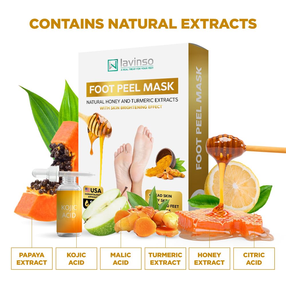 Lavinso Honey Feet Peeling Mask for Dry Cracked Feet - 3 Pack - with Kojic Acid Skin Brightening Effect - Exfoliating Dead Skin and Calluses - Foot Peel Mask for Baby Soft Feet