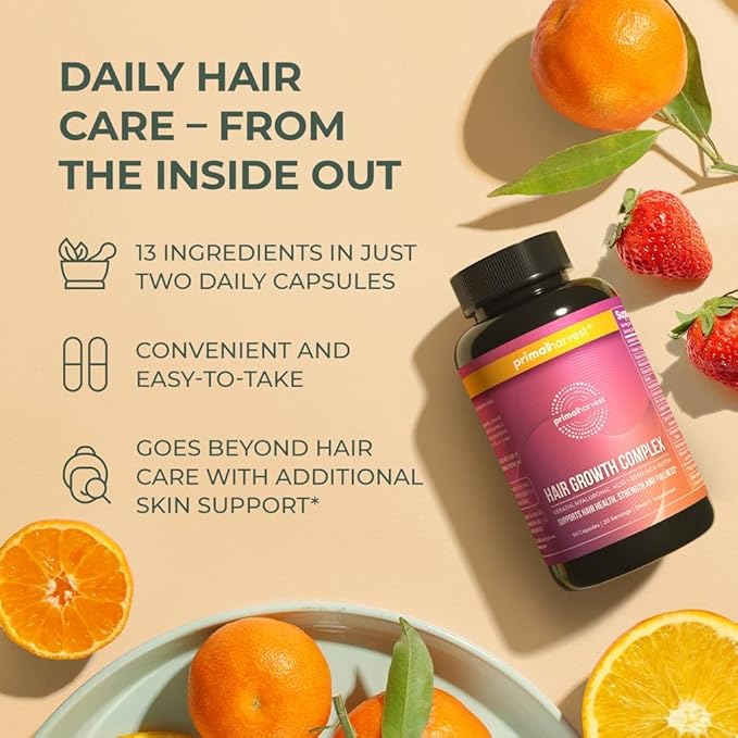 Primal Harvest Hair Growth Vitamins, 2 Pack - 120 Pills, Natural Hair Regrowth, Thickening, and Supplement for Men & Women with Biotin & Zinc