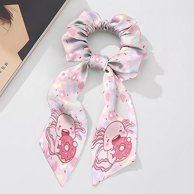 2 Piece Axolotl Elastic Ribbon Bow Hair Ties Pink Cherry Blossom Knotted Bow Satin Ponytail Holder for Women Stylish Scarf Scrunchies with Long Tails
